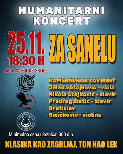 Humanitarni koncert Kamerni hor LAVIRINT i profesora muzičke škole za Sanelu Stefanović