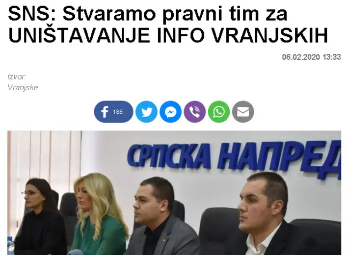 SNS: Stvaramo pravni tim za uništavanje Info Vranjskih