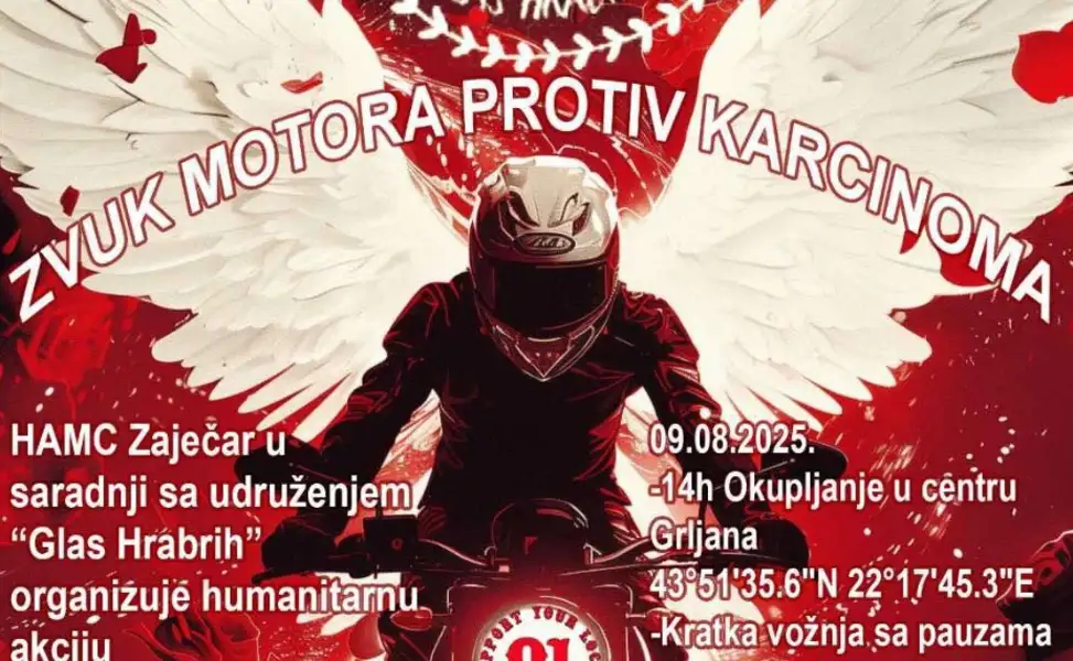 Udruženje Glas Hrabrih iz Zaječara i Hells Angels organizuju humanitarnu moto vožnju i prateći događaj pod nazivom: „Zvuk motora protiv karcinoma“