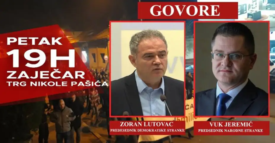 Zoran Lutovac i Vuk Jeremić na 12. protestu "1 od 5 miliona" 5. aprila u Zaječaru