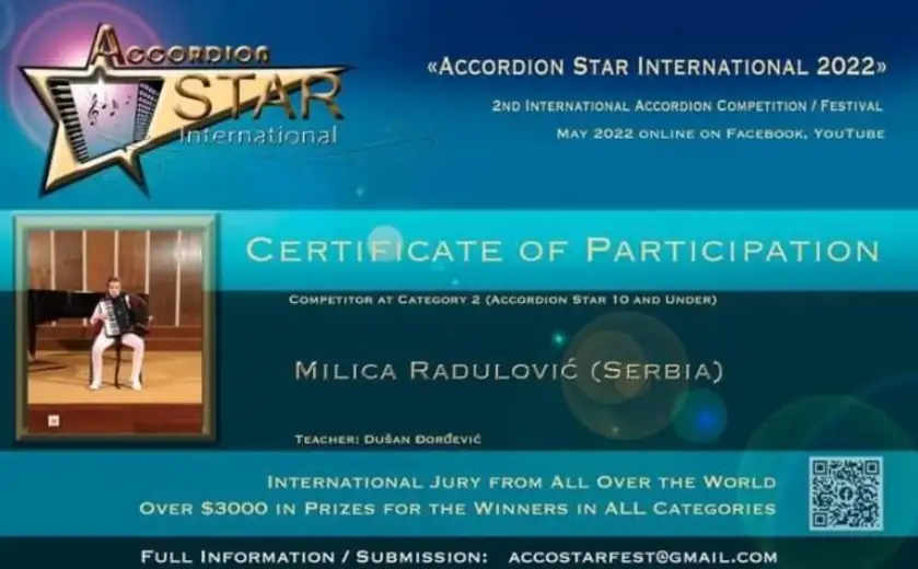 Učenica Osnovne muzičke škole ,,Stevan Mokranjac" treća na takmičenju u Americi