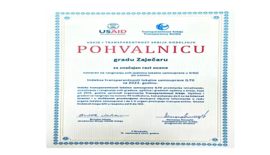 Gradu Zajеčaru dodеljеna pohvalnica za značajan rast ocеnе Indеksa transparеntnosti