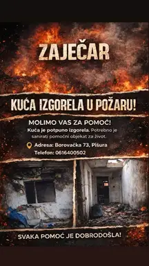 U Zaječaru je došlo do požara u kojem je jedna porodična kuća u potpunosti izgorela, a vlasnicima je sada potrebna pomoć kako bi obezbedili osnovne uslove za život.