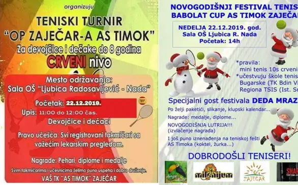 Teniski klub "AS Timok" u nedelju organizuje dva teniska programa