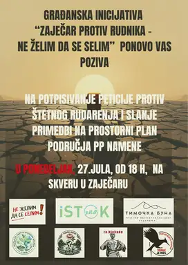 "Zaječar protiv rudnika - ne želim da se selim" ponovo poziva građane da potpišu peticiju protiv rudnika