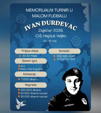 Memorijalni turnir u malom fudbalu „Ivan Đurđevac“ biće održan u Zaječaru 15. i 16. maja 2026. godine.