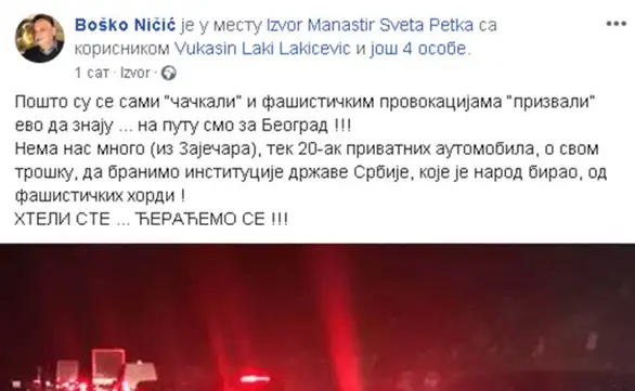 Ničić i dvadesetak građana Zaječara krenulo ka Beogradu da brane institucije od "fašista"