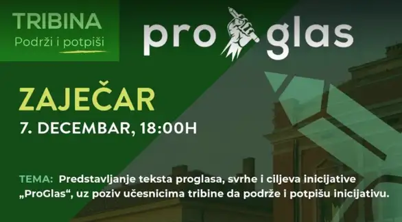 Tribina ProGlasa u četvrtak 7. decembra u Omladinskom centru u Zaječaru
